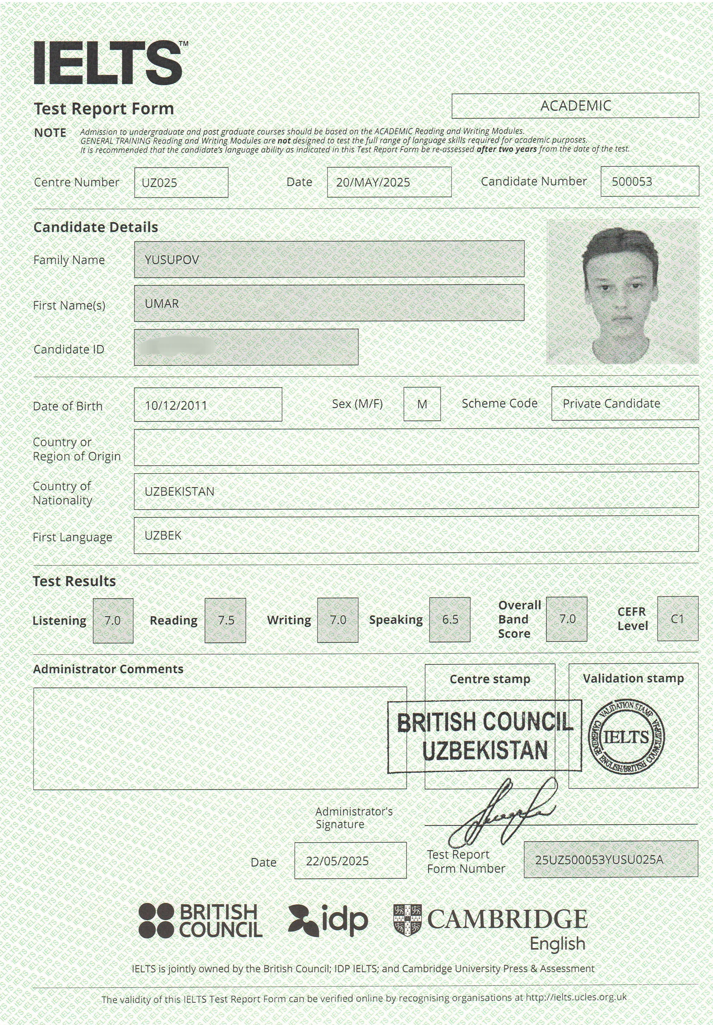 Umar's IELTS Certificate